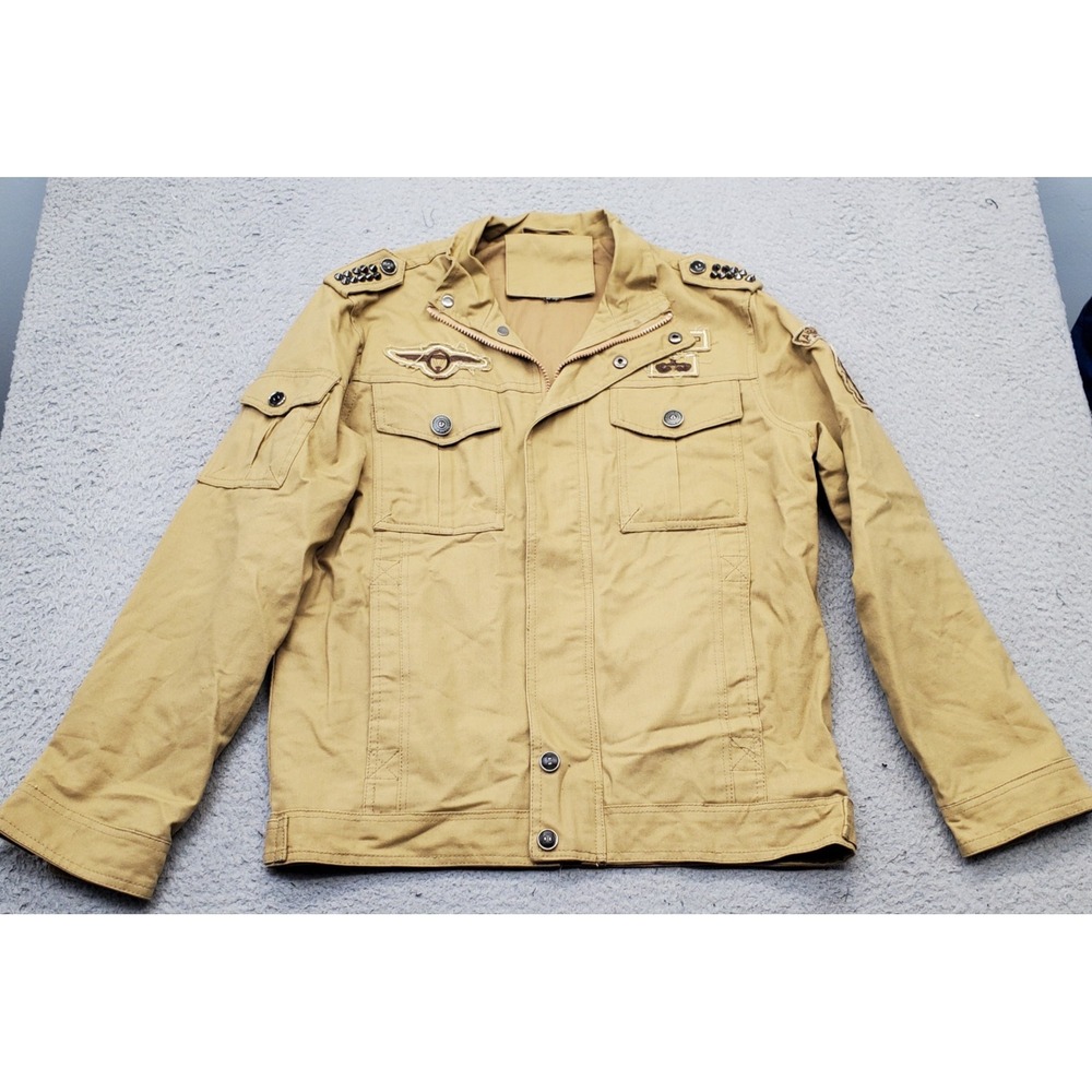True Religion Military Jacket Mens Large Tan Canvas Classic Fit Snap Inside Zip